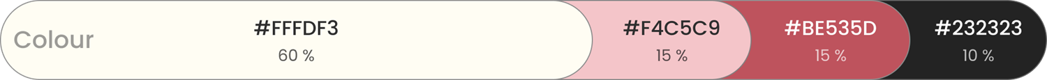 Colour ratio: #FFFDF3 60%, #F4C5C9 15%, #BE535D 15%, #232323 10%