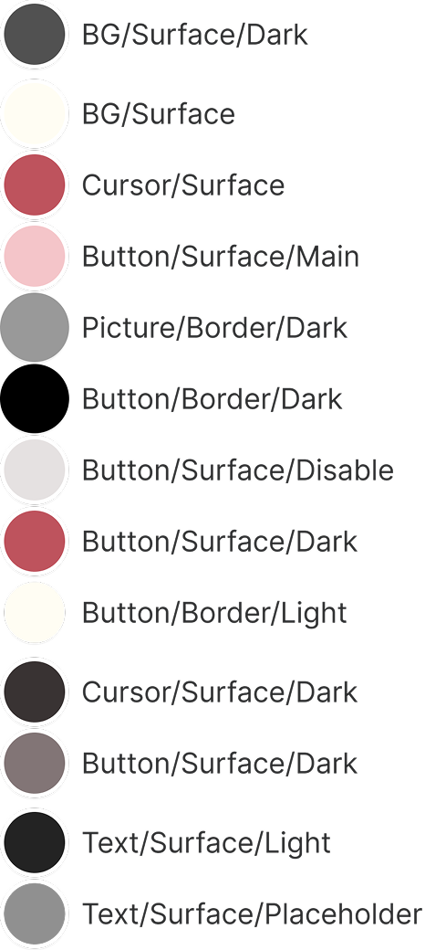Named colour tokens: BG/Surface, Cursor/Surface, Button/Surface variants, Text/Surface variants