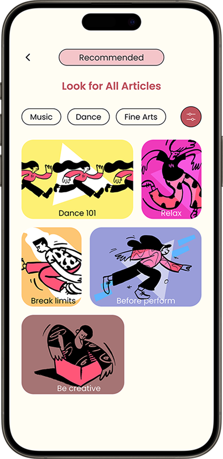 Recommended articles screen with tags and illustrated article cards