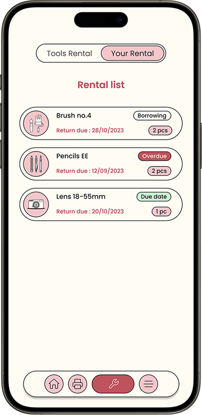 Rental list with borrowing, overdue and due date statuses