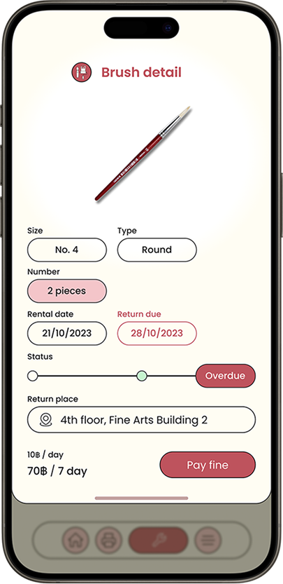 Brush detail screen in overdue state showing a fine and pay button