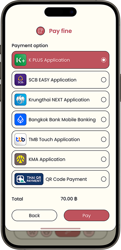 Pay fine screen with Thai banking app payment options