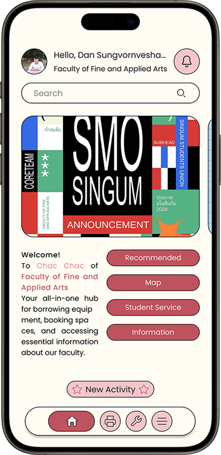 Chac Chac home screen with announcement, welcome text and four service buttons