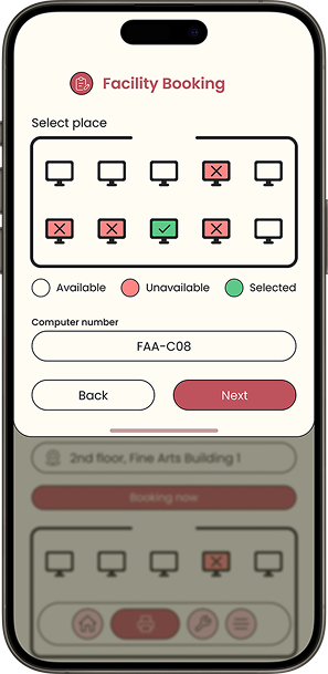 Select place screen with a seat map of ten workstations