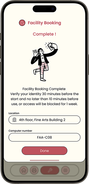 Booking complete screen with location, computer number and a 30-minute verification rule