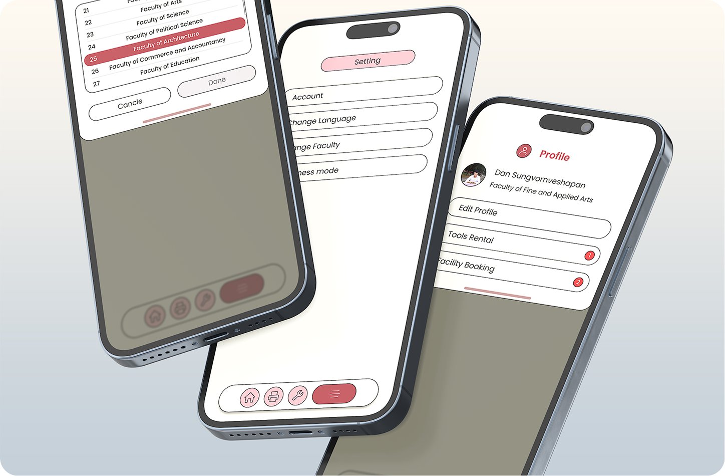 Faculty picker, settings and profile screens