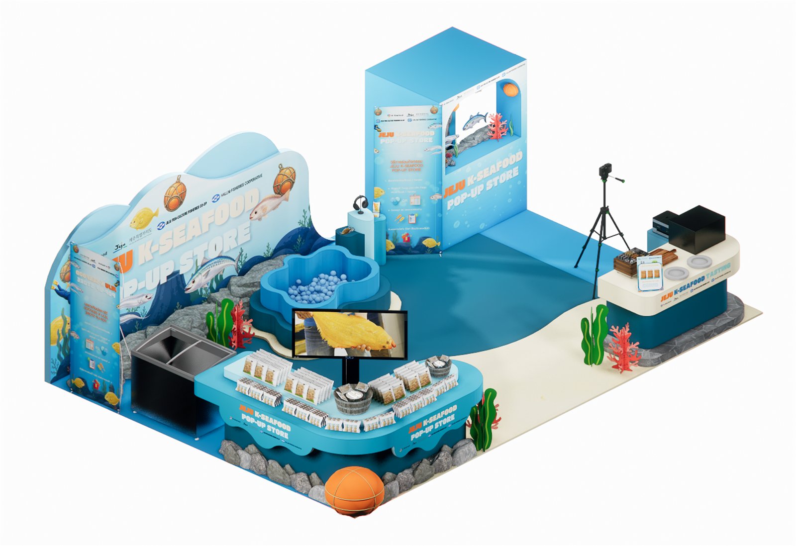 Isometric render of the Jeju K-Seafood pop-up store