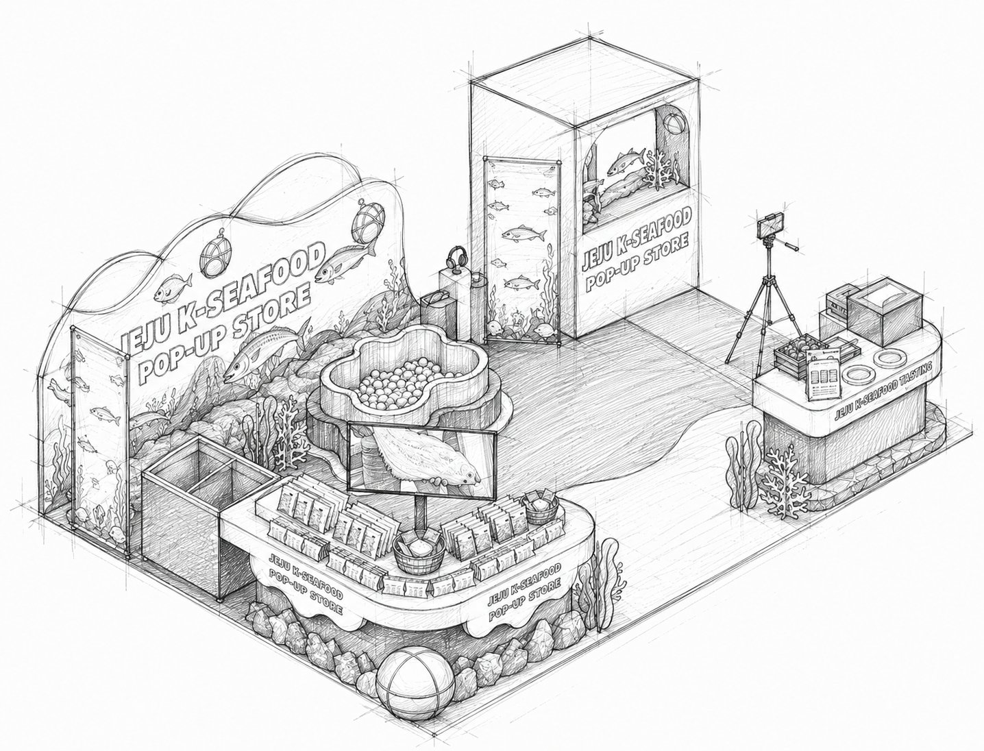 Hand-drawn isometric concept sketch of the Jeju K-Seafood pop-up store
