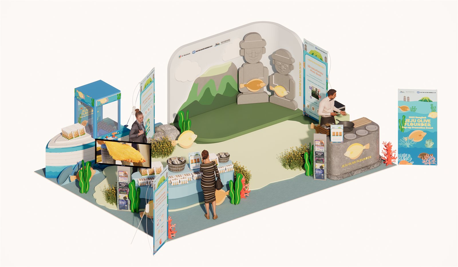 Isometric 3D render of the built Jeju Olive Flounder pop-up event
