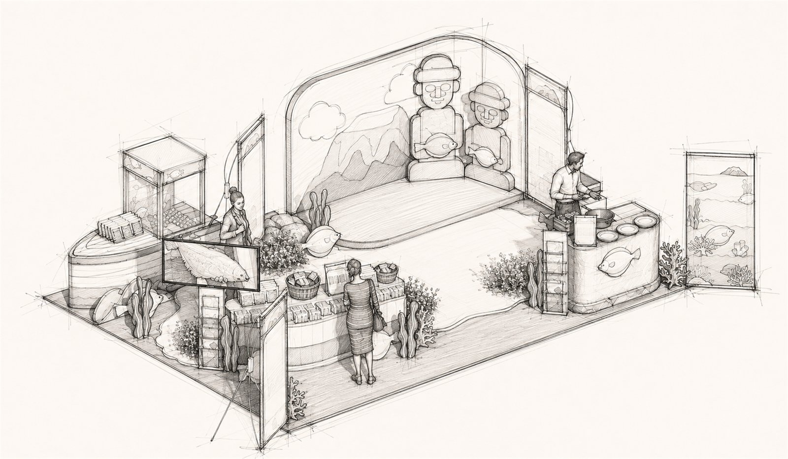 Hand-drawn isometric concept sketch of the Jeju Olive Flounder pop-up