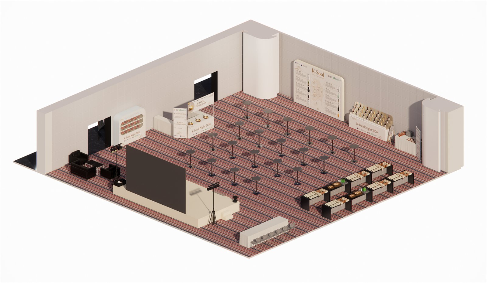 Isometric render of the K-Food Night 2026 venue plan