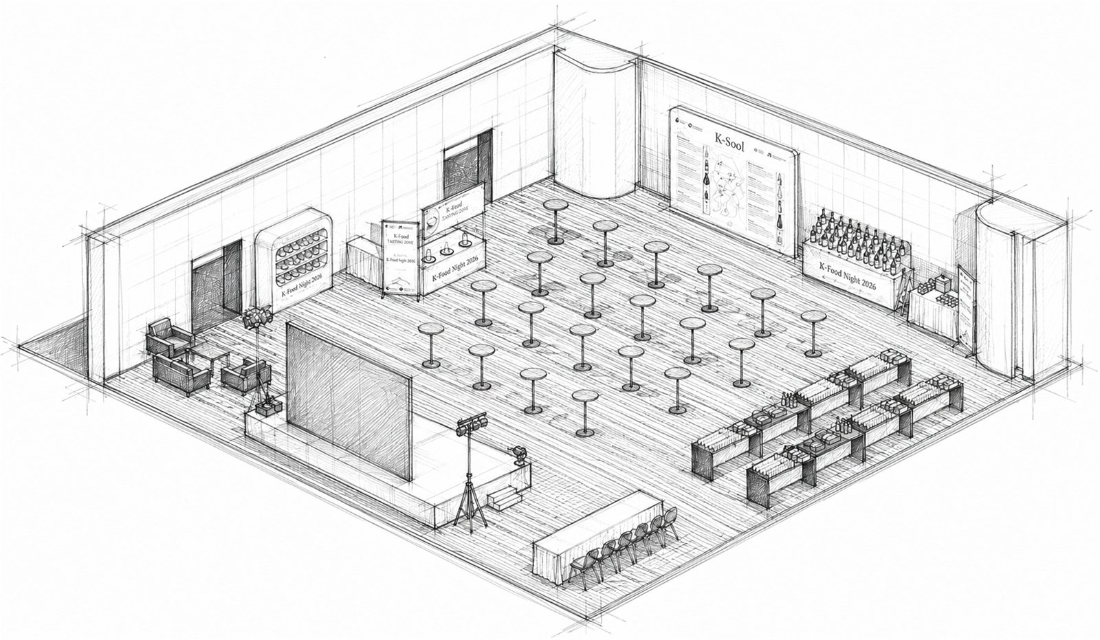 Hand-drawn isometric concept sketch of the K-Food Night 2026 room