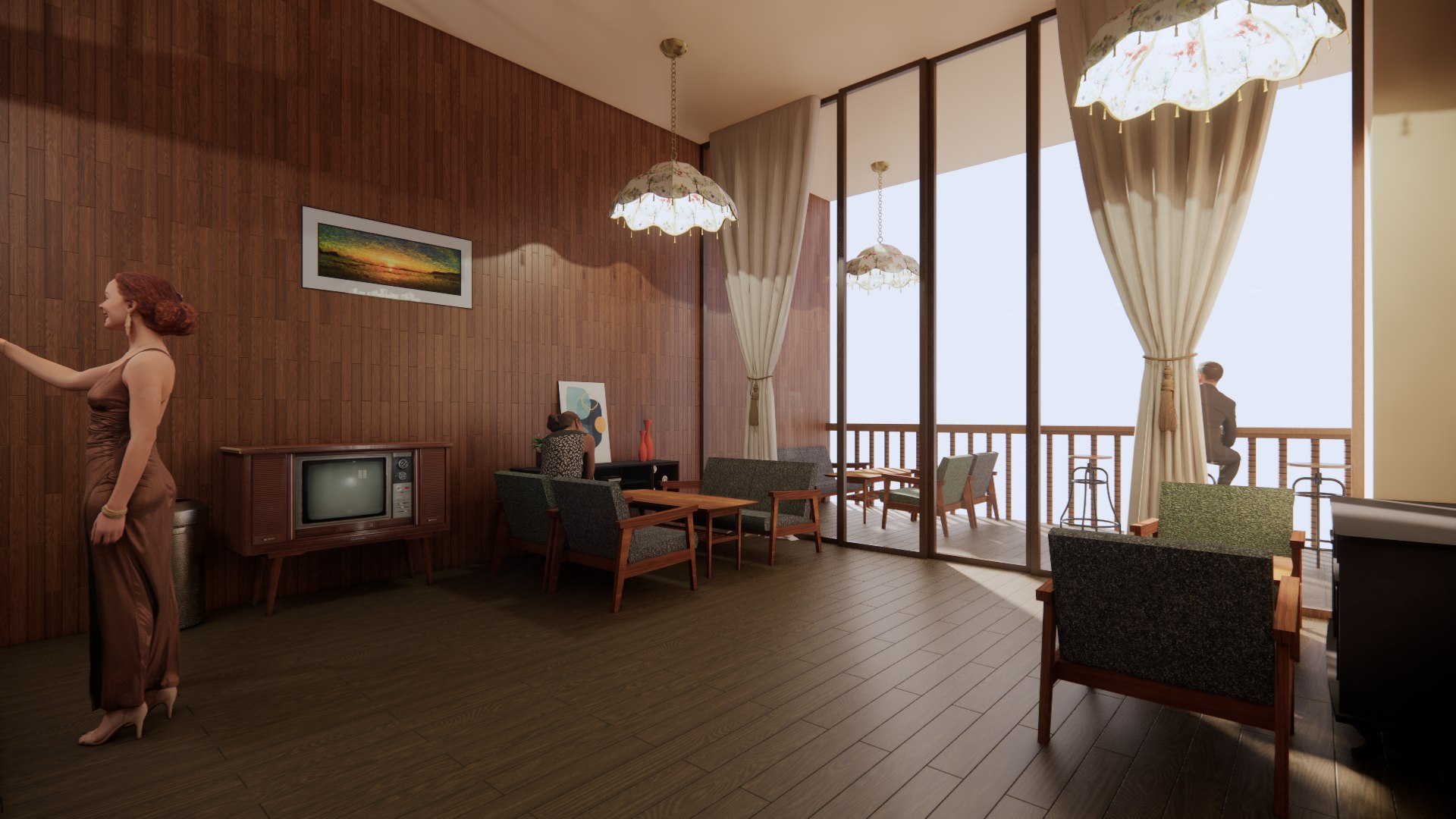 Timber café lounge with vintage furniture and river balcony