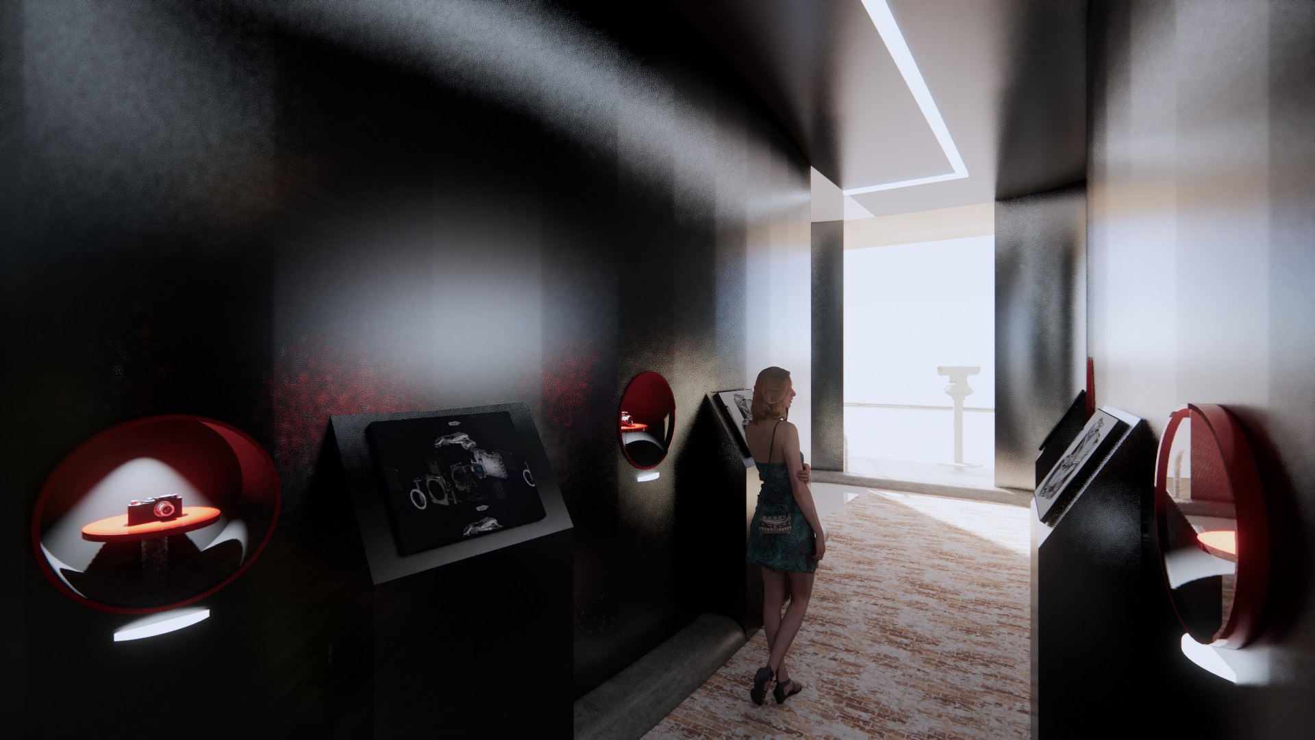 Dark heritage corridor lined with sphere vitrines and exploded-view readers