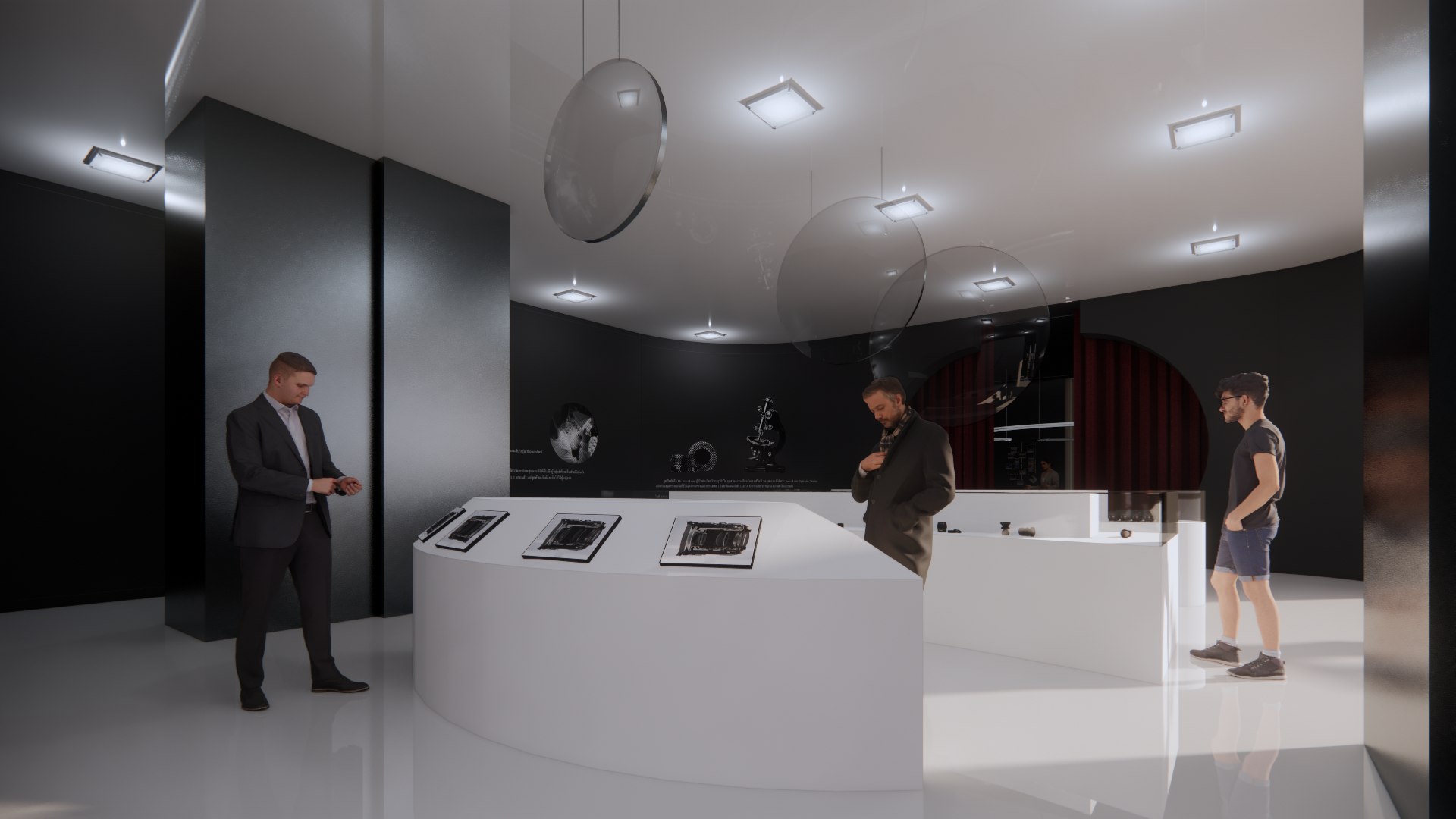 White counters with lens sections under glass pendant discs