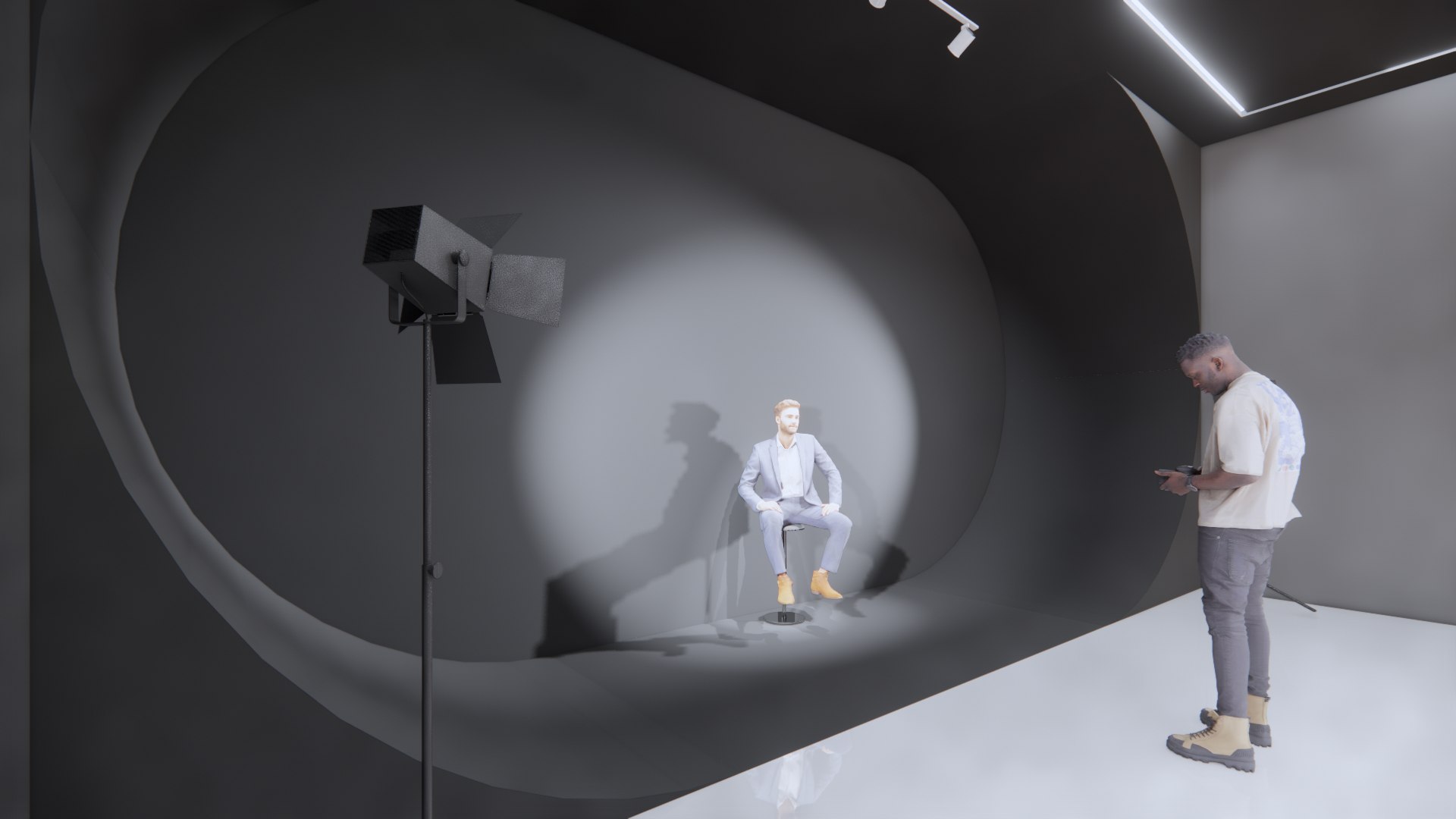 Portrait being shot against the curved studio backdrop