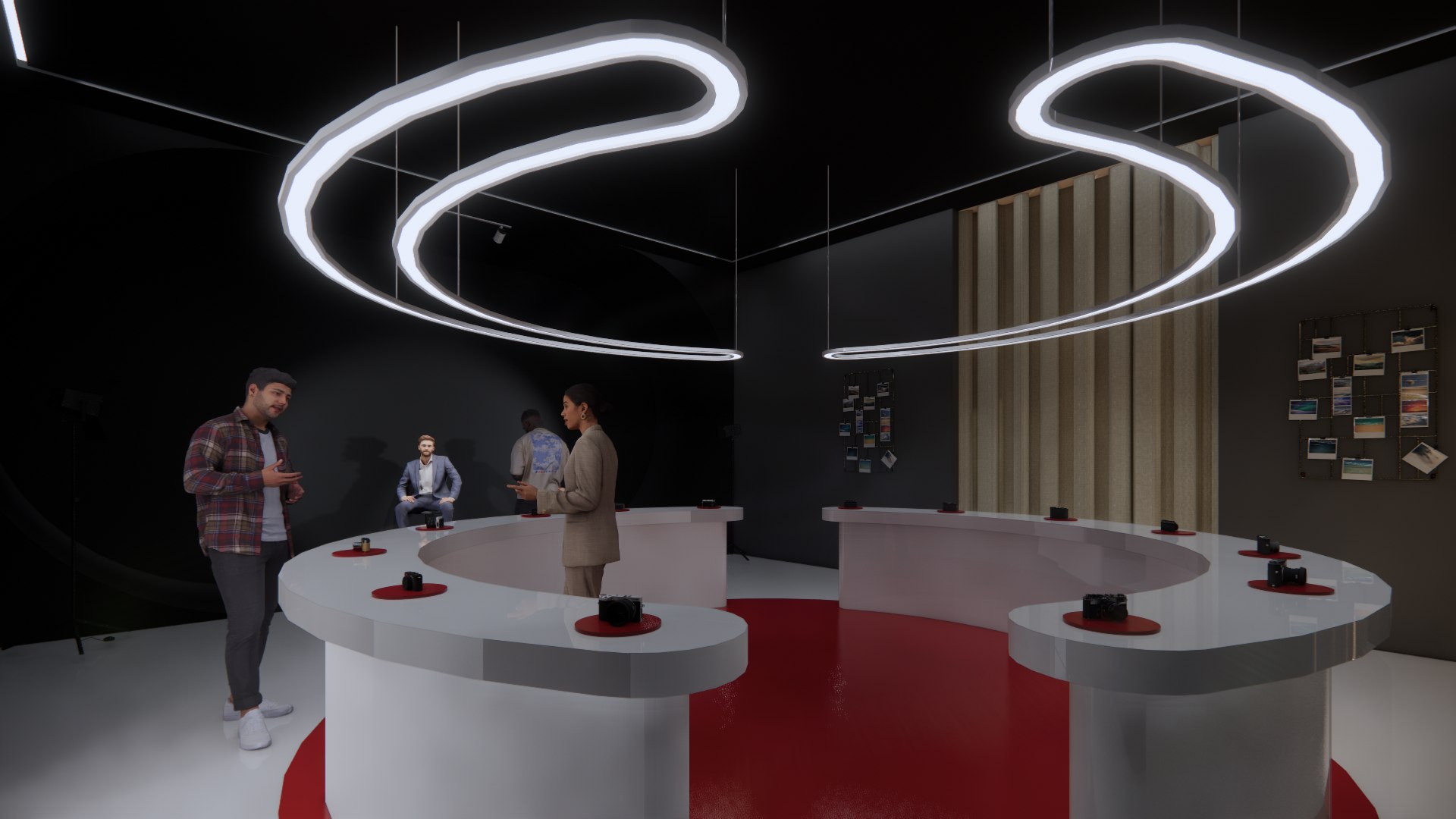 Kidney-shaped studio counter under looping light figures