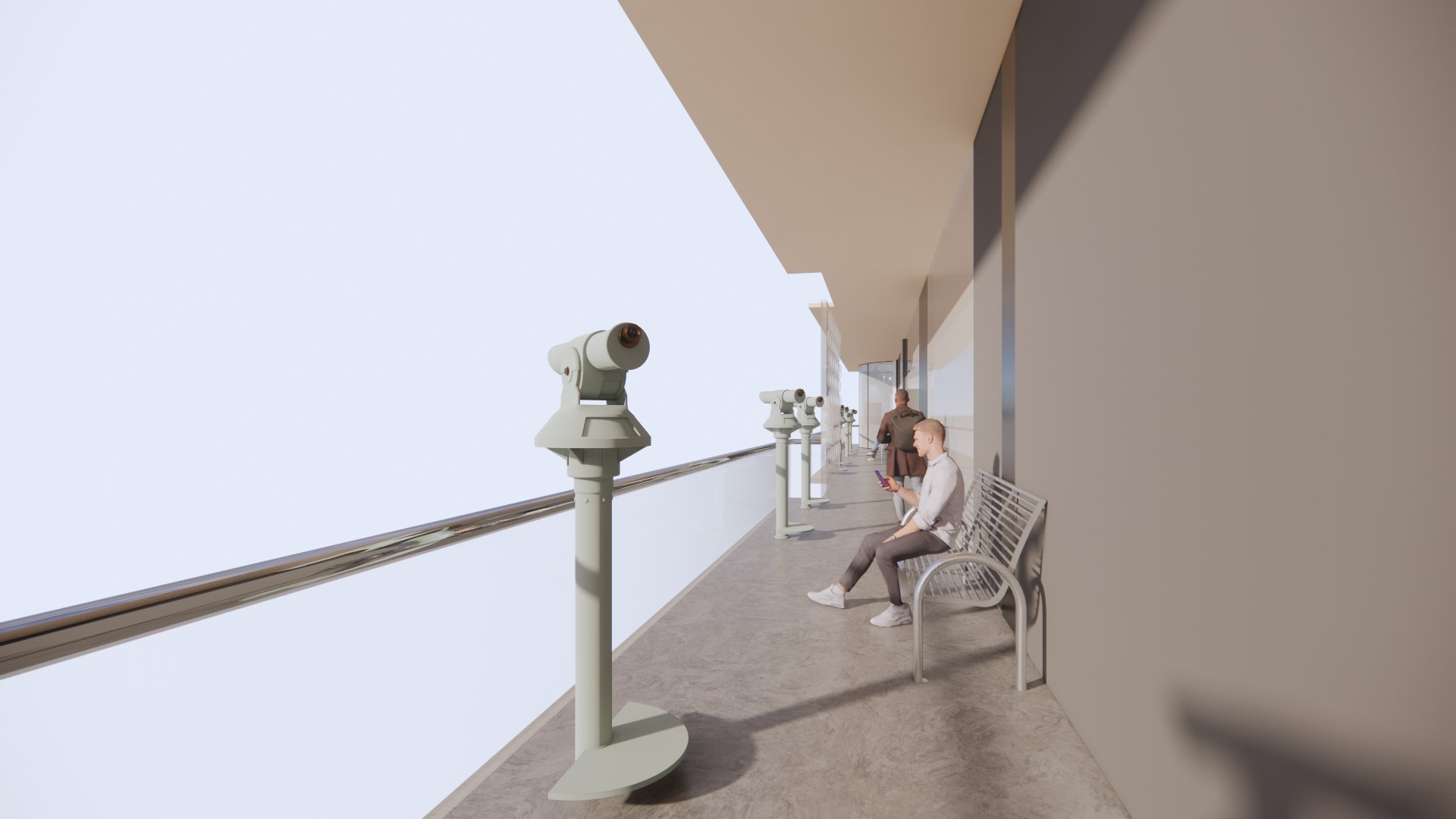 Viewing scopes and benches along the river terrace
