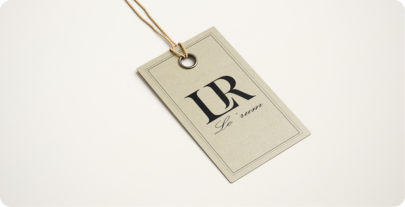 Kraft hang tag with the LR monogram printed in black