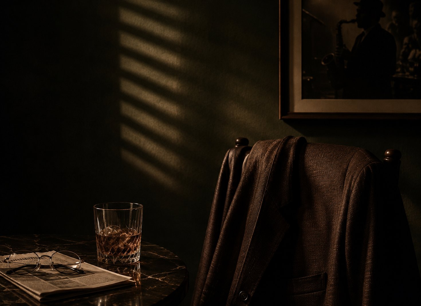 A quiet corner of an upscale jazz bar &mdash; low green light, a whisky and a folded newspaper on marble, a tweed jacket over the chair, a framed saxophonist above