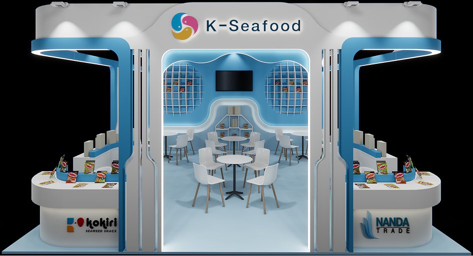 Front elevation render of the booth