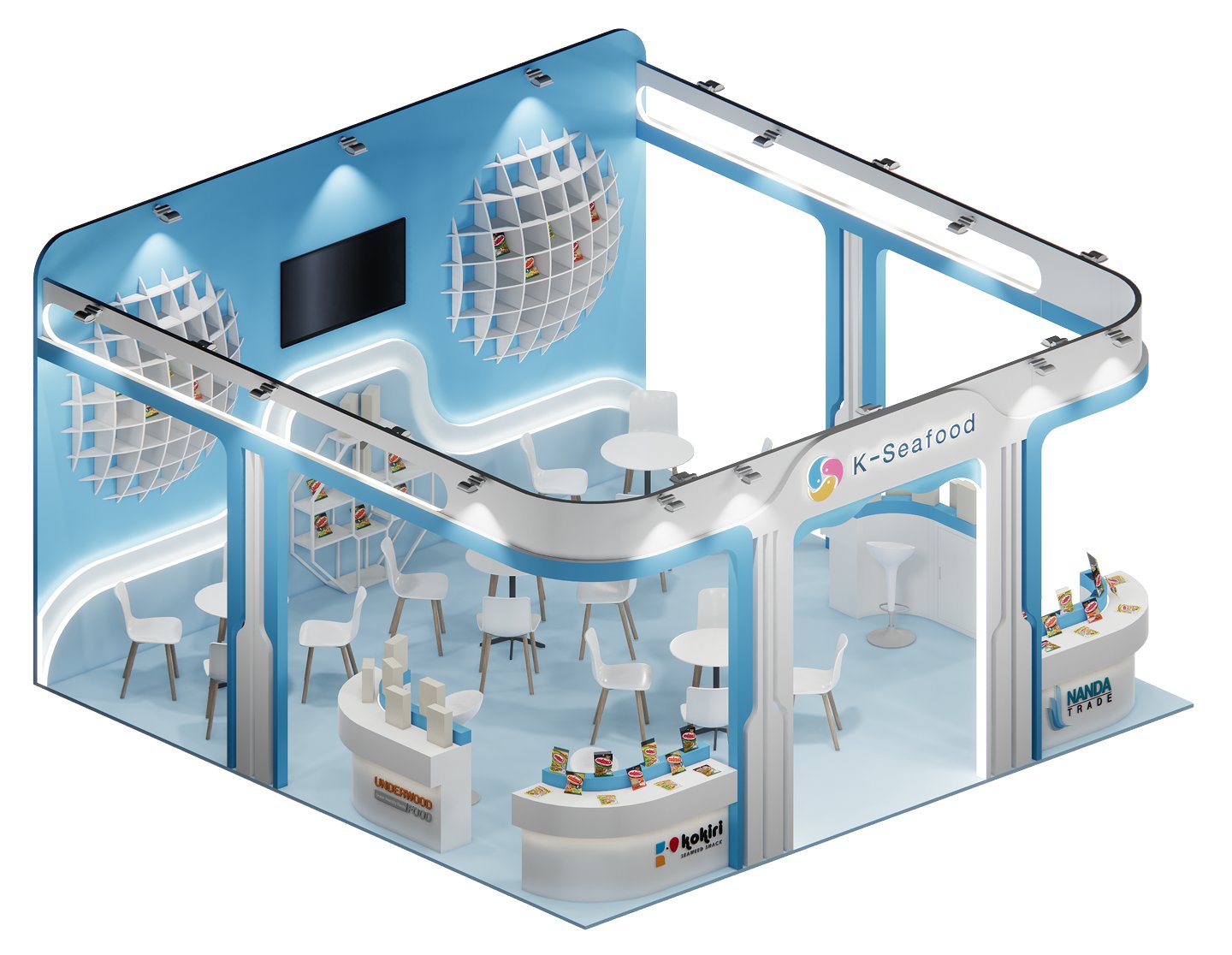 Isometric render of the TRAFS 2026 K-Seafood booth