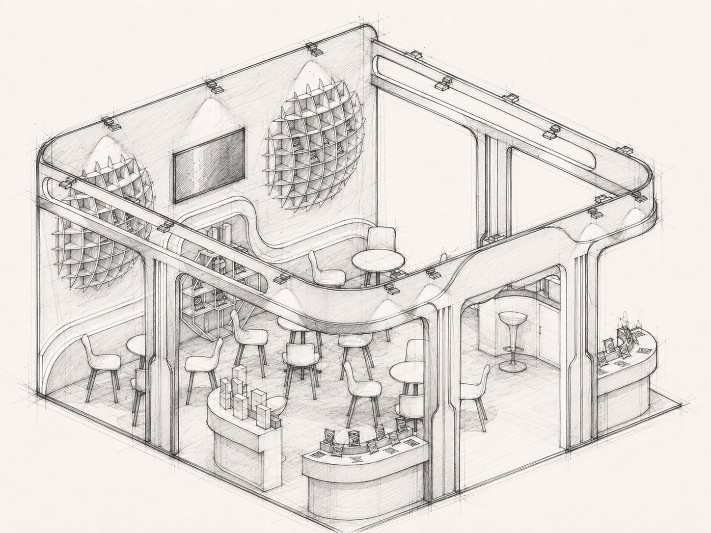 Hand-drawn isometric concept sketch of the TRAFS 2026 K-Seafood booth