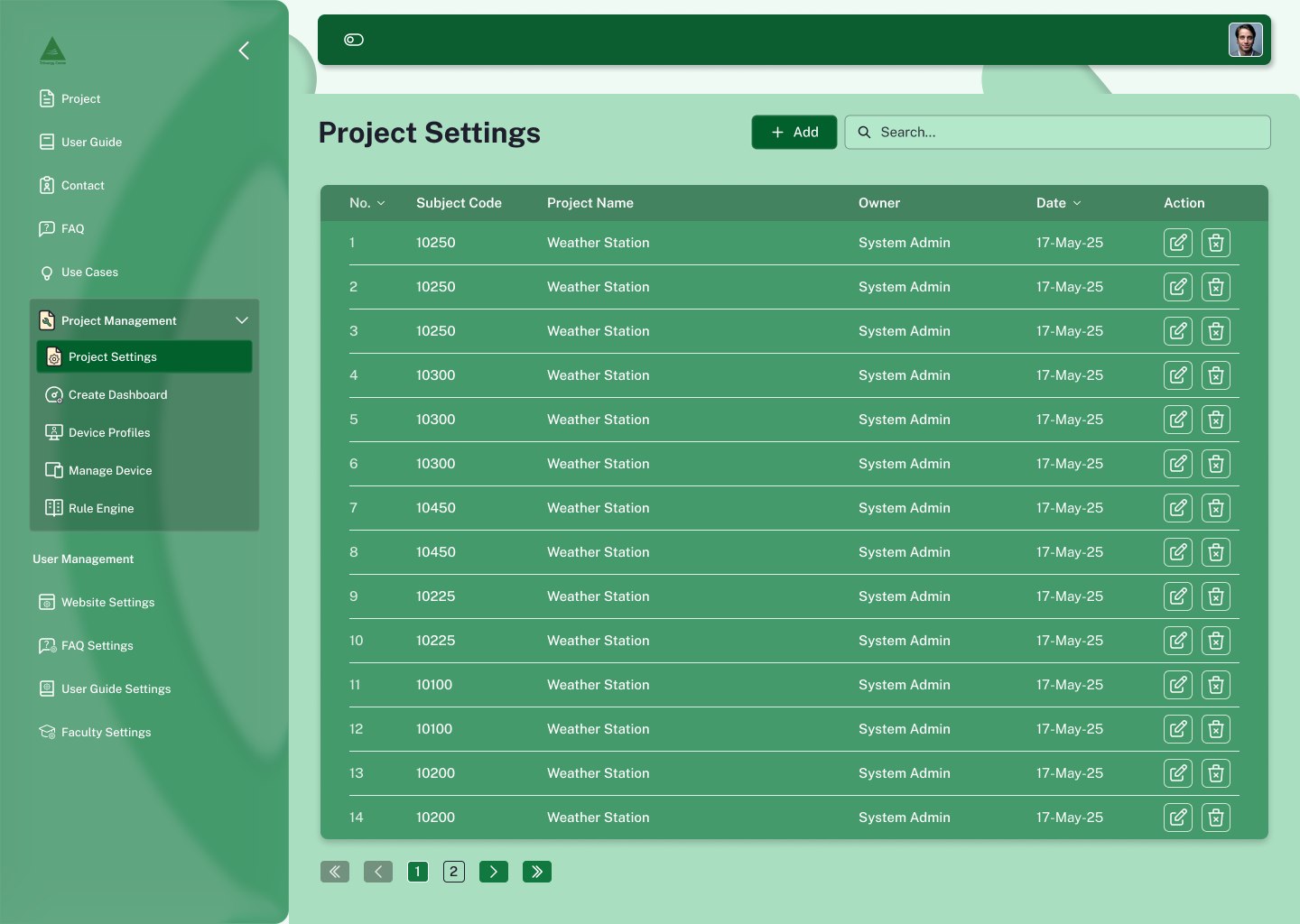 Project Settings table