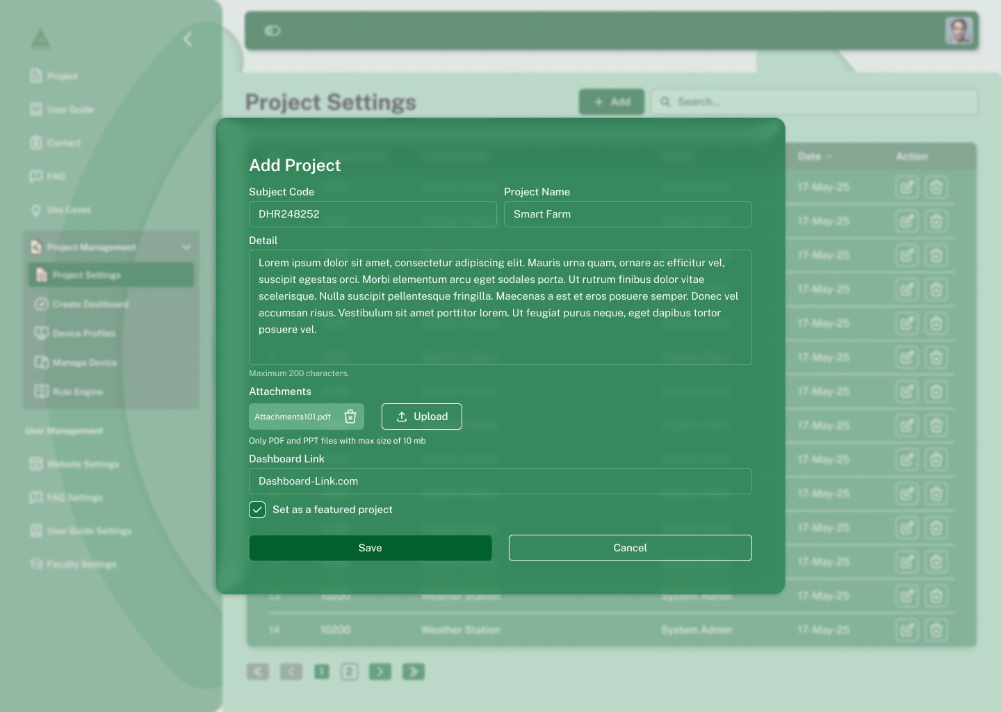 Add project modal, filled
