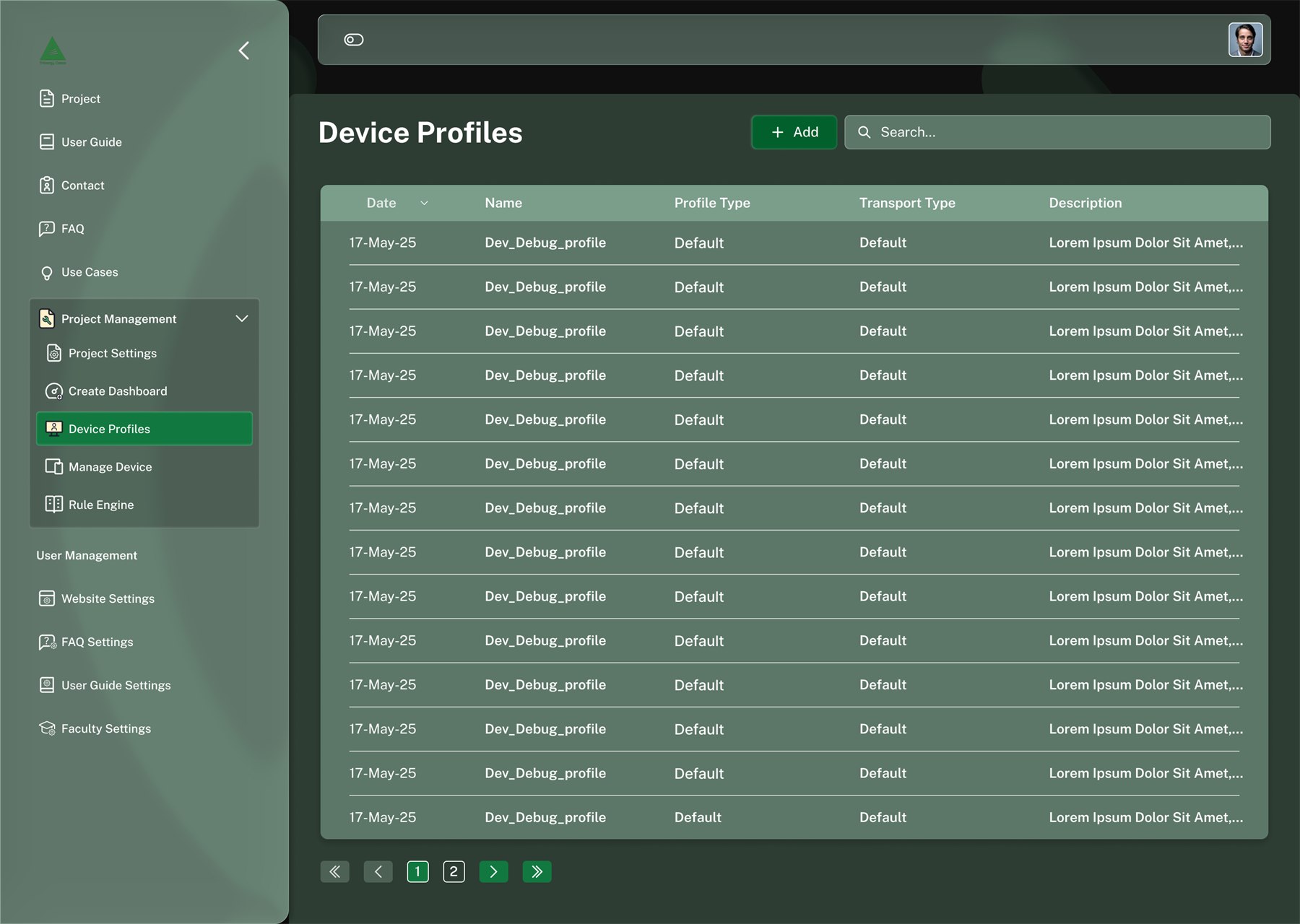 Device profiles table in night mode