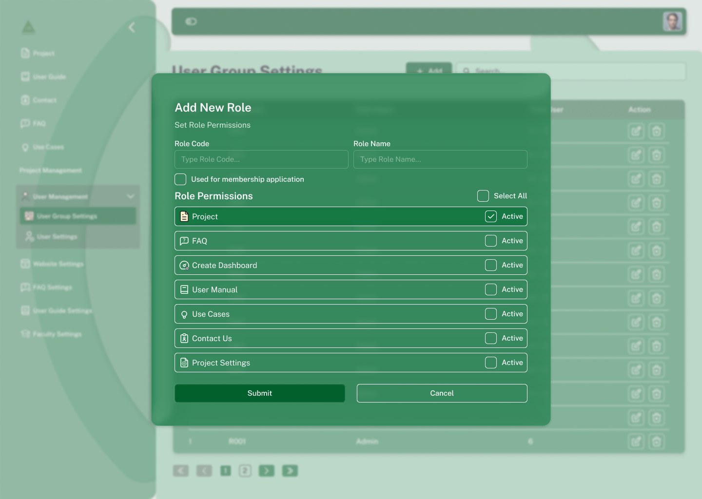 Add new role modal with permissions