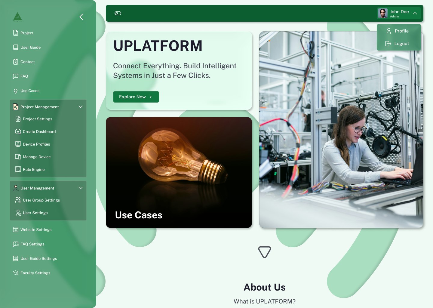 Home page in light mode with the profile menu open