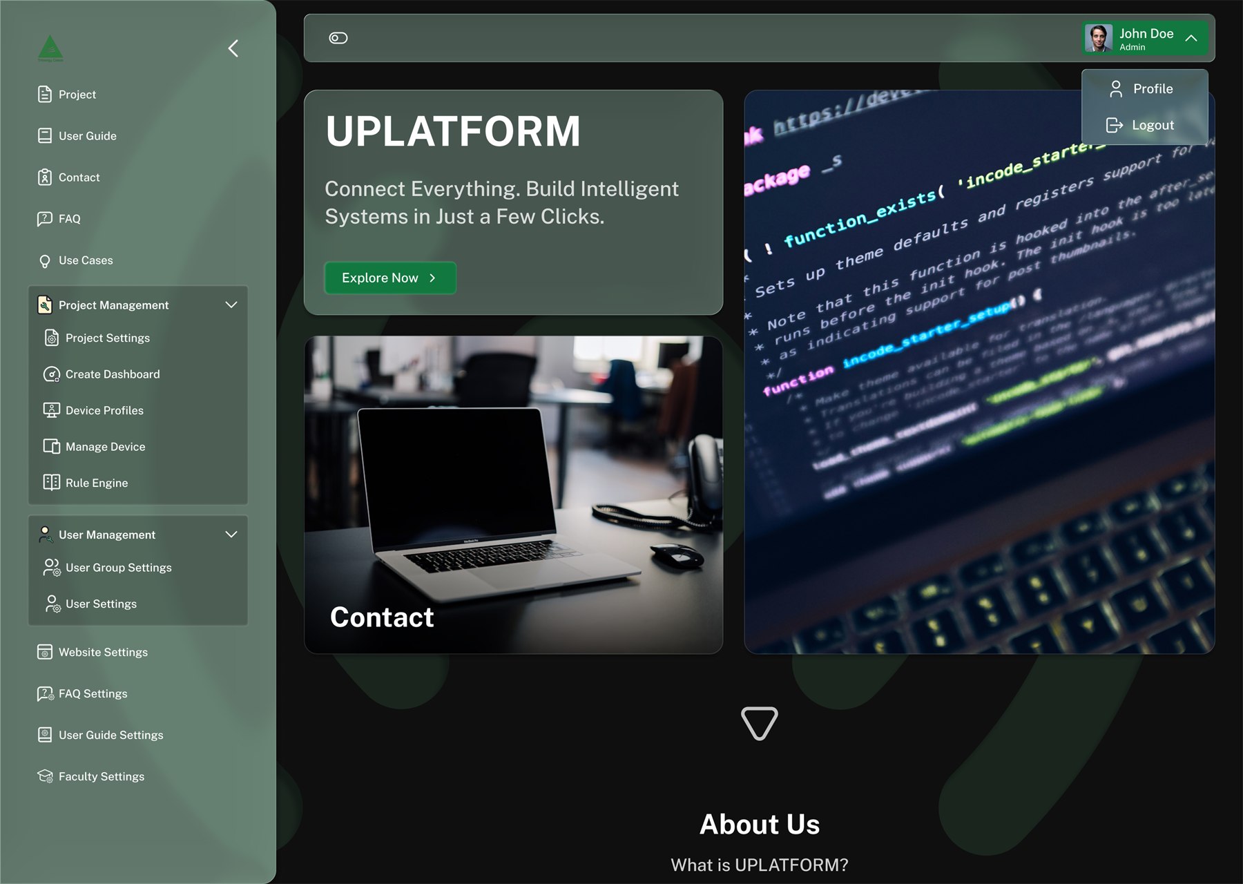 Home page in night mode with the full sidebar expanded