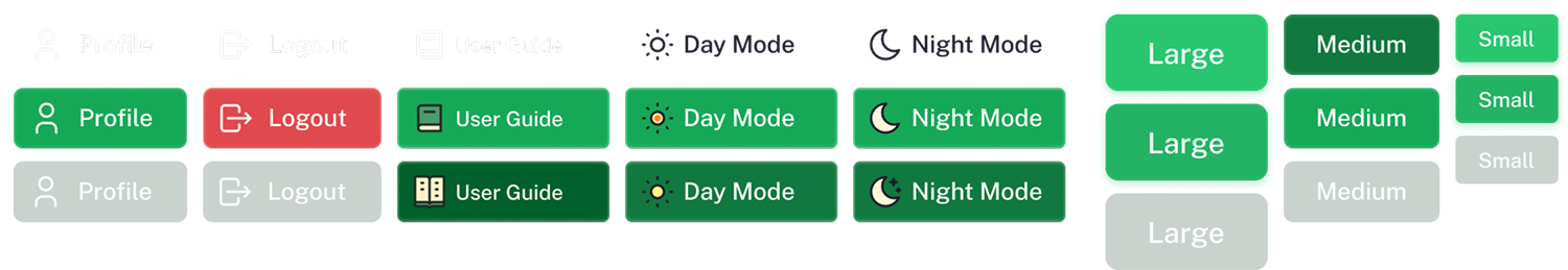 Button library: default, disabled and size variants