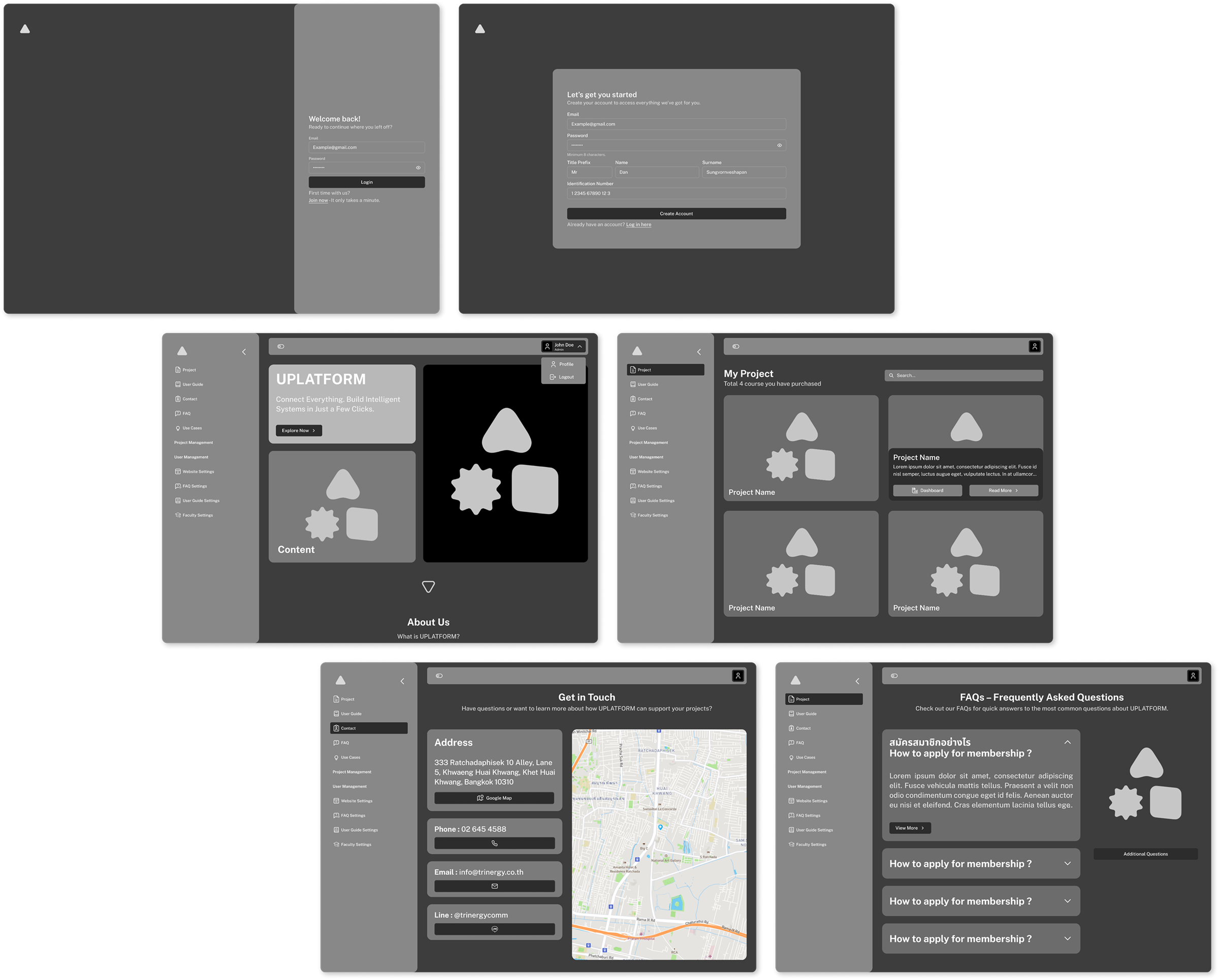Greyscale wireframes for login, register, home, project, contact and FAQ