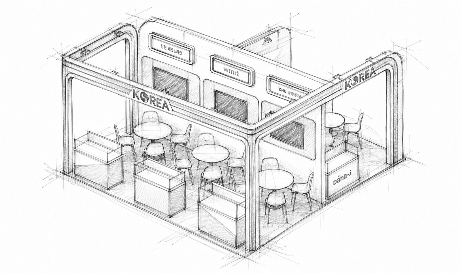 Hand-drawn isometric concept sketch of the WHX Korea pavilion